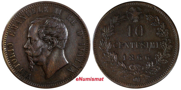 Italy Vittorio Emanuele II Copper 1866 OM 10 Centesimi Strasbourg KM# 11.5 (330)
