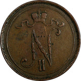 Finland Nicholas II Copper 1905 10 Penniä Mintage-500,000 KM# 14 (18 737)