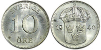 Sweden Gustaf V (1907-1950) Silver 1940 G 10 Öre GEM BU KM# 780 (22 074)