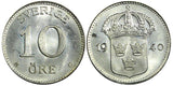 Sweden Gustaf V (1907-1950) Silver 1940 G 10 Öre GEM BU KM# 780 (22 074)