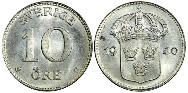 Sweden Gustaf V (1907-1950) Silver 1940 G 10 Öre GEM BU KM# 780 (22 074)