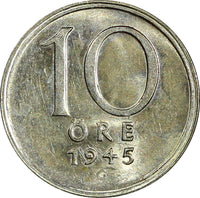 Sweden Gustaf V (1907-1950) Silver 1945 G 10 Öre UNC KM# 813 (22 065)