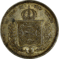 Brazil Pedro II Silver 1854 500 Reis Mintage-317,000 Toning aUNC KM# 464(17 733)