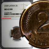 LATVIA Bronze 1939 2 Santimi NGC MS63 RB 1 YEAR TYPE Mint Luster KM# 11.2 (91)