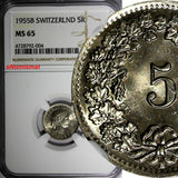 SWITZERLAND Copper-Nickel 1955 B 5 Rappen NGC MS65 HELVETICA KM# 26 (004)