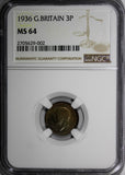 Great Britain George V Silver 1936 3 Pence NGC MS64 KM# 831