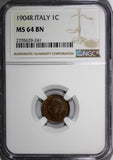 Italy Vittorio Emanuele III Bronze 1904 R 1 Centesimo NGC MS64 BN KM# 35 (241)
