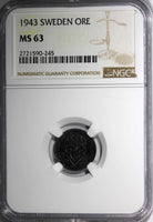 SWEDEN Gustaf V IRON 1943 1 ORE NGC MS63 1 GRADED HIGHER WWII Issue KM# 810 (45)