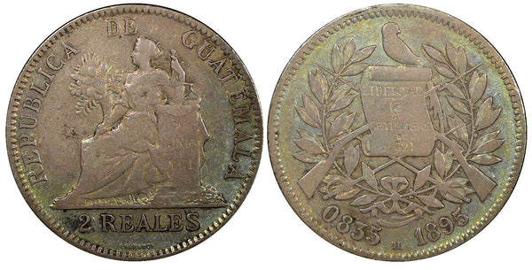 Guatemala Silver 1895 H 2 Reales 24 mm Heaton Mint Nice Toned KM# 167 (22 650)