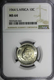 South Africa Silver 1964 10 Cents Jan van Riebeeck NGC MS64 GEM BU KM# 60 (043)