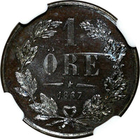 Sweden Carl XV Adolf 1867 1 Ore NGC MS64 BN Proof Like Surfaces KM# 705 (063)