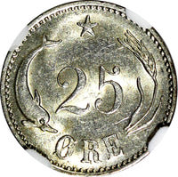 Denmark Christian IX Silver 1905 9/8  VBP 25 Ore NGC AU58 OVERDATE KM# 796.2 (9)