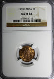 LATVIA Bronze 1939 1 Santims NGC MS64 RB Nice Red Toning BU KM# 10 (116)