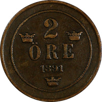 Sweden Oscar II Bronze 1891 EB 2 Öre Large Letters KM# 746 (17 809)