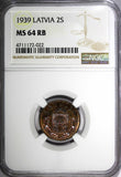 LATVIA Bronze 1939 2 Santimi NGC MS64 RB 1 YEAR TYPE Mint Luster KM# 11.2