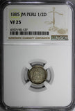 PERU Silver 1885 JM 1/2 Dinero NGC VF25 1 YEAR EXTREMELY RARE TYPE KM# 189a(127)