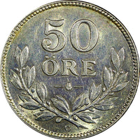 SWEDEN Gustaf V Silver 1929 G 50 Ore  Nice Toned BETTER DATE KM# 788 (22 001)