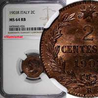 Italy Vittorio Emanuele III Bronze 1903 R 2 Centesimi NGC MS64 RB KM# 38 (026)