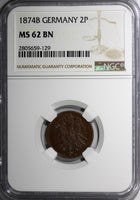 GERMANY-Empire Copper 1874-B  2 Pfennig NGC MS62 BN TOP GRADED BY NGC KM# 2(129)