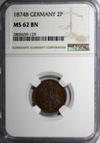 GERMANY-Empire Copper 1874-B  2 Pfennig NGC MS62 BN TOP GRADED BY NGC KM# 2(129)