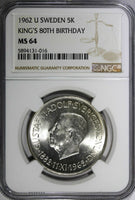 SWEDEN Silver 1962 U 5 Kronor NGC MS64 80th Birthday of Gustaf VI KM# 838 (016)