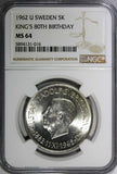 SWEDEN Silver 1962 U 5 Kronor NGC MS64 80th Birthday of Gustaf VI KM# 838 (016)