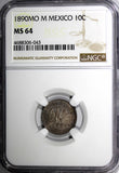 Mexico SECOND REPUBLIC Silver 1890 MO M 10 Centavos NGC MS64 TONED KM#403.7 (43)