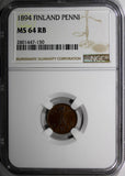 FINLAND Aleksandr III Copper 1894 1 Penni NGC MS64 RB LAST DATE FOR TYPE KM# 10