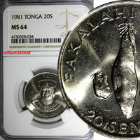 TONGA Taufa'ahau Tupou IV 1981 20 Seniti NGC MS64 TOP GRADED BY NGC KM# 71 (034)