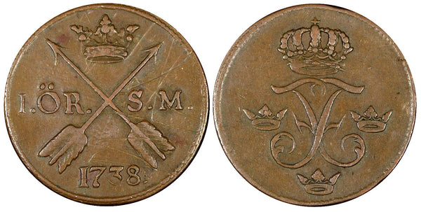 Sweden Frederick I Copper 1738 S.M. 1 ORE KM# 416.1  (21 357)