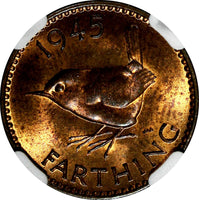 Great Britain George VI Bronze 1945 Farthing NGC MS64 RB RED TONING KM# 843