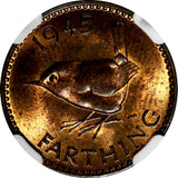 Great Britain George VI Bronze 1945 Farthing NGC MS64 RB RED TONING KM# 843