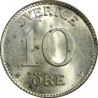 SWEDEN Gustaf V Silver 1917 W 10 Öre  WWI ISSUE UNC KM# 780 (21 912)