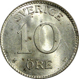 SWEDEN Gustaf V Silver 1917 W 10 Öre  WWI ISSUE UNC KM# 780 (21 912)