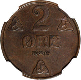 Norway Haakon VII Bronze 1910 2 Øre BETTER DATE RARE NGC AU58 BN KM# 371 (23)