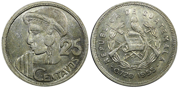 Guatemala Silver 1955 25 Centavos Mintage-408,574 27mm KM# 258 (22 578)