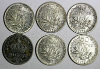 FRANCE LOT OF 6 SILVER COINS 1866-1920 50 Centimes KM# 814.1;KM# 854