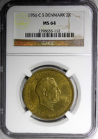 Denmark Frederik IX Aluminum-Bronze 1956 C S 2 Kroner NGC MS64 31mm KM# 838.2(2)