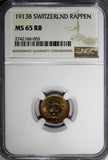 SWITZERLAND Bronze 1913 B 1 Rappen NGC MS65 RB NICE RED TONING KM# 3.2 (055)