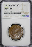 Norway Olav V Bronze 1961 5 Øre NGC MS64 BN  ONLY 1 GRADED HIGHEST KM# 405