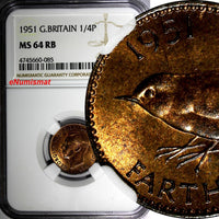 Great Britain George VI Bronze 1951 1 Farthing NGC MS64 RB KM# 867 (85)