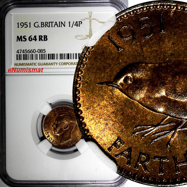 Great Britain George VI Bronze 1951 1 Farthing NGC MS64 RB KM# 867 (85)