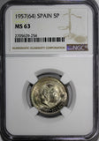 Spain Francisco Franco,Caudillo 1957(64) 5 Pesetas NGC MS63 TOP GRADED KM#786