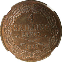 Sweden Oscar I 1849 4 Skilling Banco 37.2 mm 1st Year NGC MS62 BN KM# 672 (002)