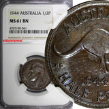 Australia George VI Bronze 1944 1/2 Penny NGC MS61 BN BETTER DATE KM# 41 (041)