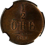 SWEDEN Oscar I Bronze 1858 1/2 Ore NGC MS64 RB RED BROWN KM# 686