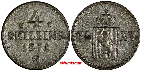 NORWAY Carl XV Silver 1871 4 Skilling 1 YEAR TYPE Mintage-559,000 KM# 337 (141)
