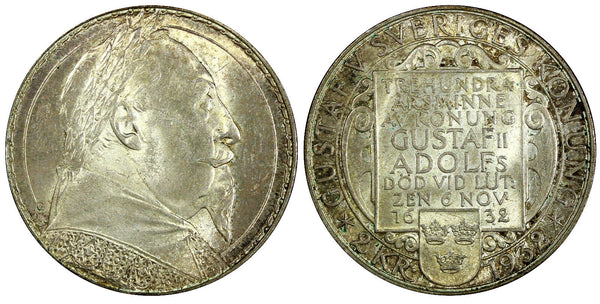SWEDEN Silver 1932 G 2 Kronor  1 YEAR Death of Gustaf II Adolf  UNC KM# 805 (26)