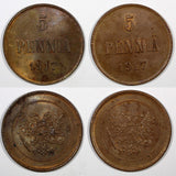 FINLAND Civil War Nicholas II LOT OF 2 COINS 1917 5 Penniä UNC KM# 17 (20 884)