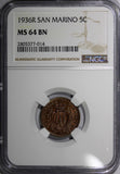 San Marino Bronze 1936 R 5 Centesimi NGC MS64 BN Mintage-400,000 KM# 12 (014)